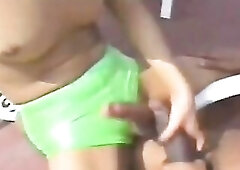 A t-girl with a worthwhile dong, sizes her weenie up with a big ebony jock and strokes 'em off jointly.