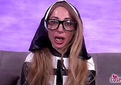Blonde bombshell Ania as a sexy nun in black stockings