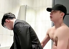 Ducal hot sex with snack in public bathroom
