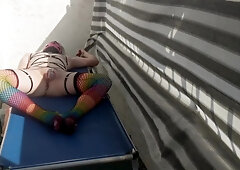 Caged Sissy Plays With Her Dildo On Public Balcony