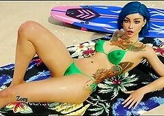 Blue-haired hottie in a swimsuit flaunts her huge tits and curvy ass