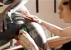 TwoTattooed Lesbo Anal Gape and Squirt and Large Toy