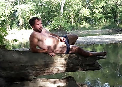 Masturbating outside on a log by a creek - summer day - almost caught