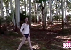 Lesbian Nina get nude showing natural tits & shaved beaver