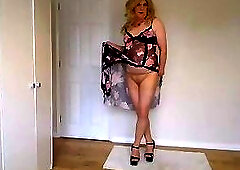 Blonde in long nightgown and nude pantyhose