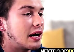 Sensual young homo tugs big cock slowly until he cums in a hot solo session