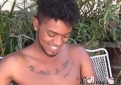 Young ebony guy shows off his balls and jerks off solo
