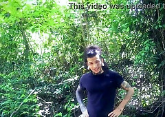Tattooed Russian man receives an outdoor handjob from a woman in athletic pants
