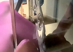 DeeBee - Spunking up close on tinted coffee table glass.