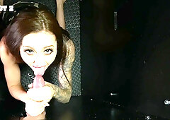 Kendra Cole, the hot slut, sucks cock through a glory hole.