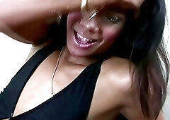 Filipino ladyboy with small tits teases hairy ass with dildo