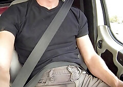 Moist truck driver jerks off big cock while driving