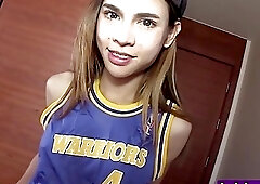 Skinny shemale strokes a huge dick before riding it deep