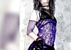 A shaggy-haired, horny wench positions in a recent purple bodysuit and high heels, wearing a miniskirt and bright makeup. That babe looks at u, arouse