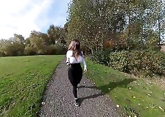 Crossdresser flashing breasts by the side of a busy highway