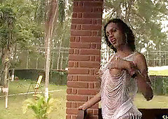 brilliant shemale puts lotion on shecock and wanks it off