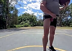 Straight guy hanging out his uncut cock at the public space.