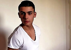 Arresting brunette guy looks hot with cum on his face