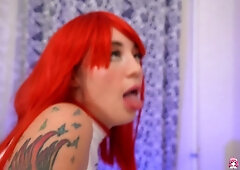 Naughty tattooed beauty eagerly sucking her lover's big cock in our intimate garage