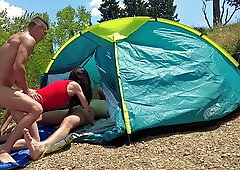A husband and two strangers fuck a slutty slut hard in a tent and cum in her mo