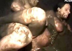 Aged, German brunette hair is having hardcore sex in the mud, in the midst of the night