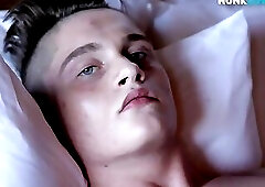 Smooth stud masturbates on bed for sperm shot during solo