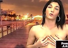 Smalltits trap bends over and tugs her cock