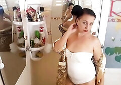 Worthy lady in the shower room trying on a leopard robe and white linen. Try on haul underclothes webcam 1-1