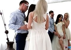 One dude fucks blonde Michelle Can and brunette and cums in their mouths