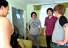 Devon Breeze takes cumshot after cumshot from three nerdy guys in a messy living room session