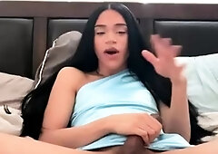 Chubby big tits shemale jerking her big cock