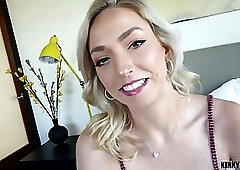 Small titted blonde is gently sucking a rock hard dick and enjoying every second of it