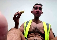 Aussie daddy bear hunk with a big belly indulges in some playful humiliation