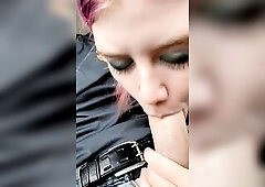 Hot purple haired hottie eagerly sucks my massive schlong in the car. That babe passionately sucks, and worships each inch with her hawt throat. Shes 