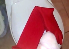 Green rubber glove wank with big cock