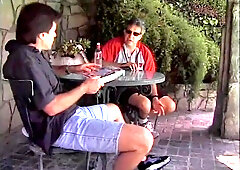 Two black babes take white cock in their asses poolside