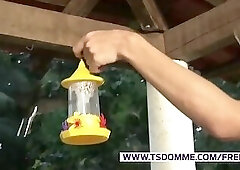 Blonde model Dany de Castro strips her red dress and masturbates