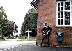 Shemale whore with rod out and jerking off by the roadside