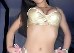 Busty curly brunette with big boobs fucks on couch