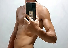 Nasty onanism in front of the mirror with phat cuming