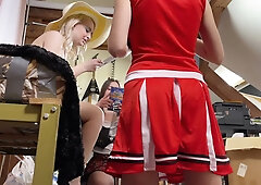 Amateur girls tease with tight pussies as they try on tiny skirts backstage at a wild party