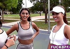 Adorable teens with beautiful smiles are having a lesbian threesome, in the middle of the day