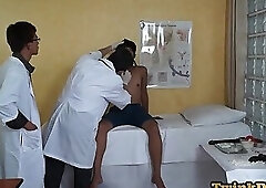 Asian skinny amateur twink in BJ 3some with doctors