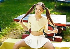 Aesthetic outdoor masturbation with a long-legged brunette Niсole