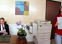 Secretary in red sweater is very naughty