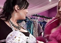 A breasty brunette hair and a large-titted golden-haired in a sequin bikini and pink fishnets tempt a dude in the fashion boutique. Double oral sex, h