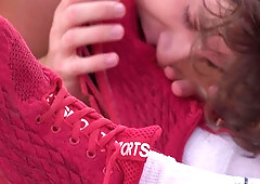 Sucking Zac's toes outside, enjoying the taste.