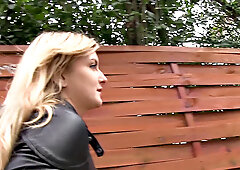 Big Tits Teacher with tattoos fucks for cash & takes a leather thong in her mouth