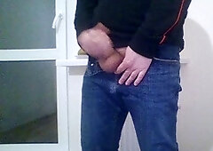 Hottie in tight blue jeans strokes his hard COCK (16cm) and shoots a massive load