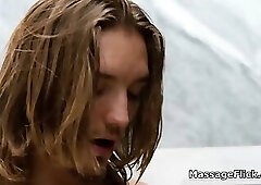 Busty masseuses sloppy throating on the air mattress